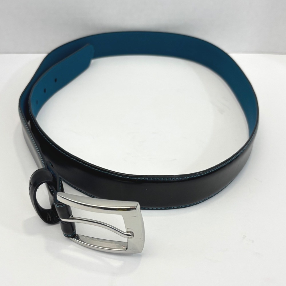 Ted Baker 38" Coated Leather Belt Men Black Teal Contrast Stitch Silver Buckle
